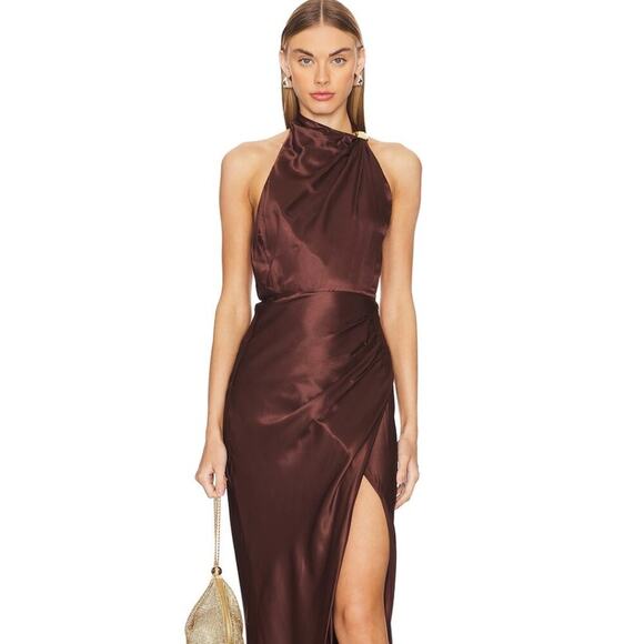 NICHOLAS Dresses & Skirts - NICHOLAS Galilea High Neck Gold Trim Maxi Dress Espresso 6